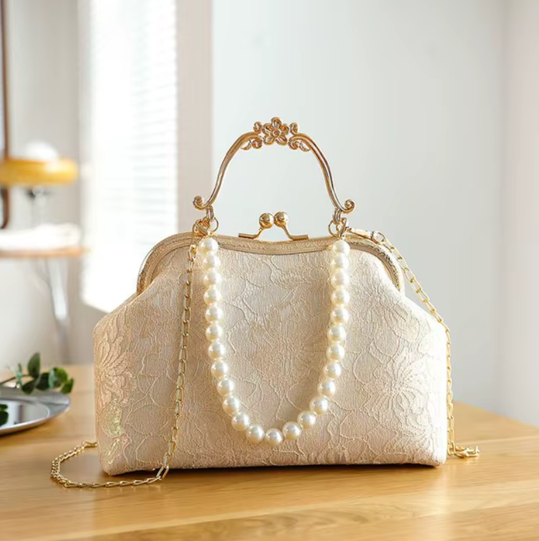 Classic Lace Handbag with Pearl Beads for Women